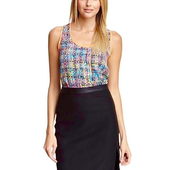 New Rock Stella & Jamie Tank Top Sz.L Multi Orange Trim Hi-Lo Scoop Neck y2k 90s - Picture 9 of 9